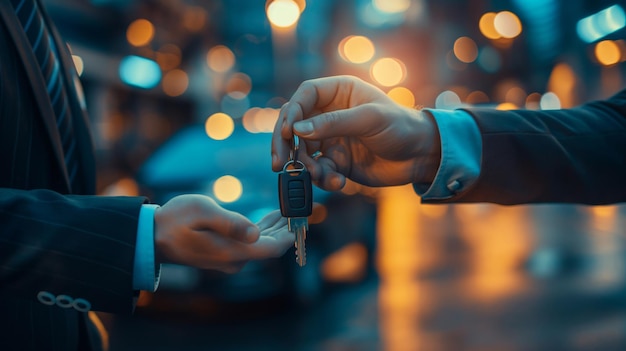 Closeup of a businessman handing over car keys against a backdrop of city lights at dusk