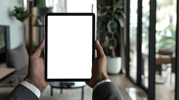 Photo closeup of businessman holding ipad digital tablet with blank screen mockup in professional office setting customize your design insert