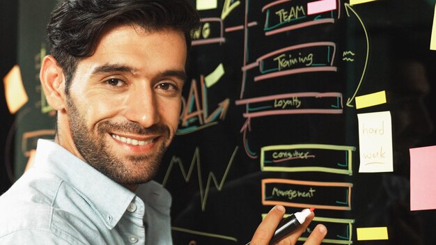 Closeup of businessman look at camera while writing on glass wall tracery