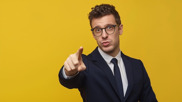 Photo closeup of a businessman pointing his finger at the camera