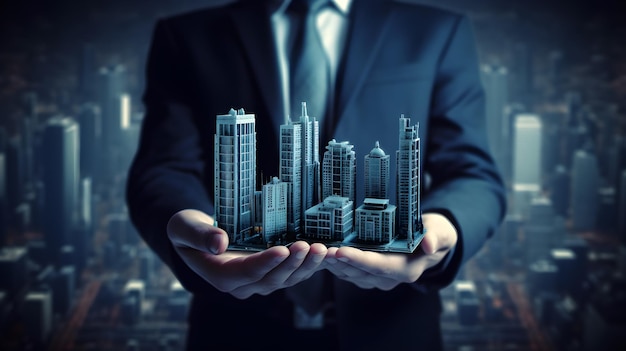 closeup of businessman's hands holding a modern city