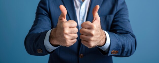 Photo closeup of a businessman in a suit giving a double thumbs up gesture symbolizing approval and success with a blue background