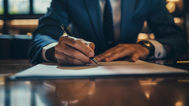 Closeup of a businessman in a suit signing a document at a desk