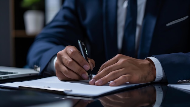 Closeup of a businessman in a suit signing a document at a desk