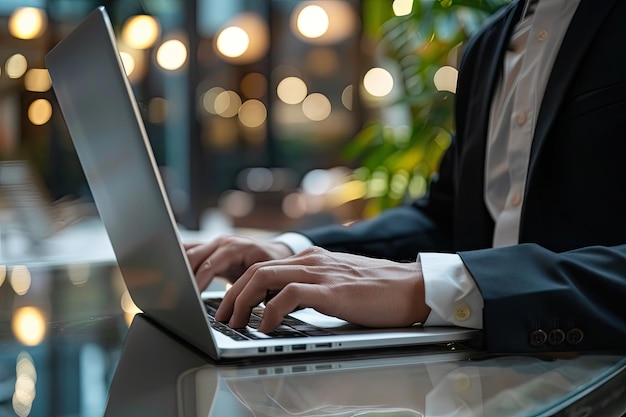 Closeup of businessman working on laptop computer on wooden desk in modern office