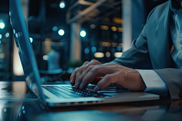 Closeup of businessman working on laptop computer on wooden desk in modern office