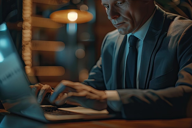 Closeup of businessman working on laptop computer on wooden desk in modern office