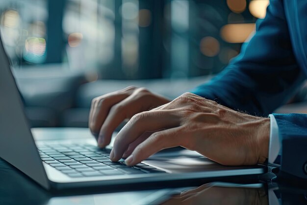 Closeup of businessman working on laptop computer on wooden desk in modern office