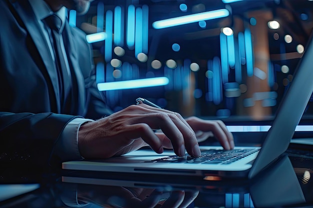 Closeup of businessman working on laptop computer on wooden desk in modern office