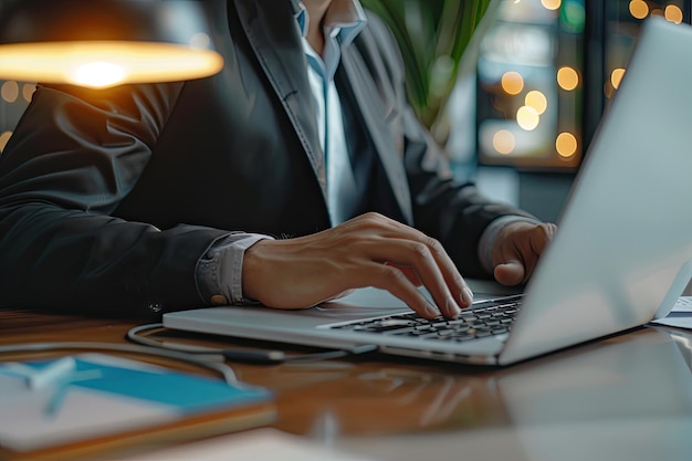 Closeup of businessman working on laptop computer on wooden desk in modern office