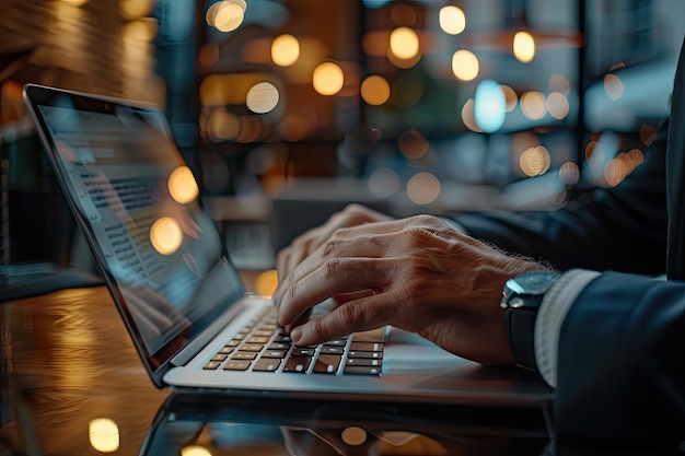 Closeup of businessman working on laptop computer on wooden desk in modern office