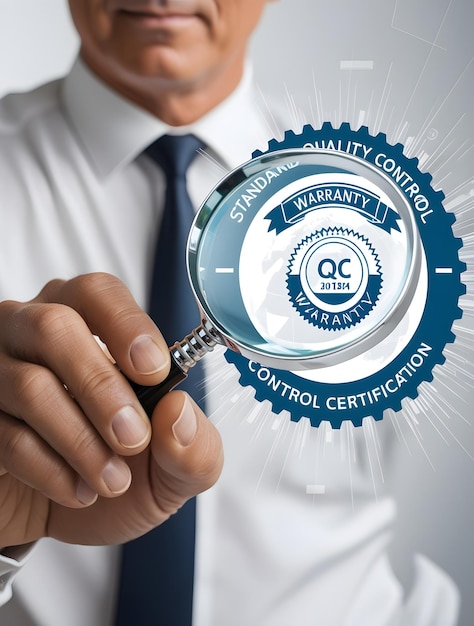 Photo closeup of businessman39s hand with magnifying glass examining quality control certification symbol