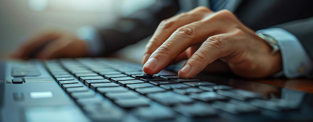 Closeup of a businessmans hand pressing a button on a keyboard with ample copy space more clarity with clear light and sharp focus high detailed