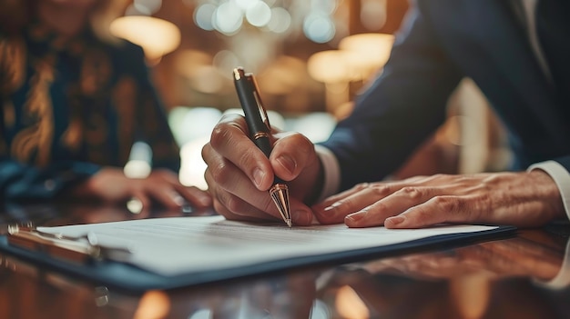 Photo closeup of a businessmans hand signing a document with a pen