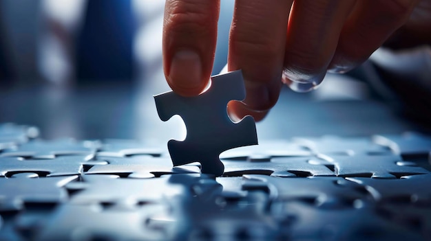 Photo closeup of businessmans hand touching abstract puzzle