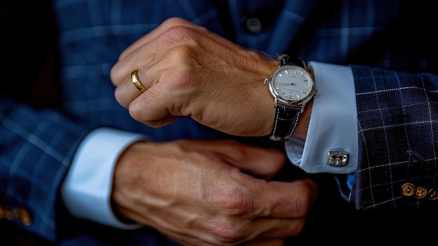 Photo closeup of a businessmans hand wearing a watch shows elegance and reliability in business