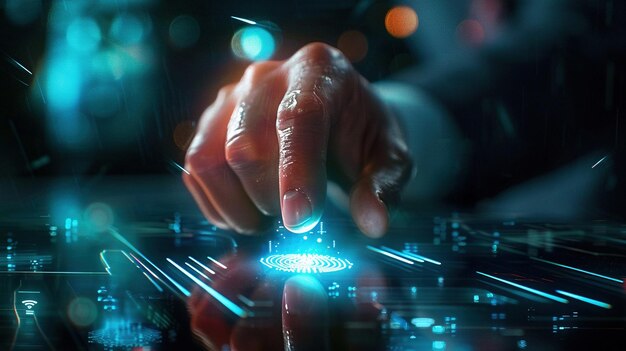 Photo a closeup of a businessmans hand with a holographic fingerprint glowing on his fingertip