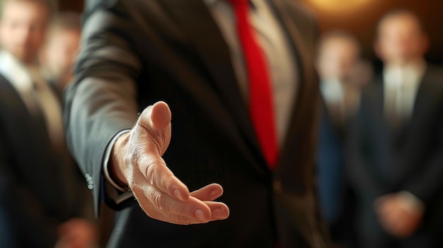 Photo a closeup of a businessmans outstretched hand in a greeting or offer gesture with blurred figures in business attire in the background symbolizing a professional meeting or agreement