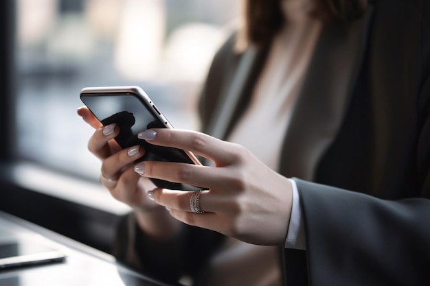 Closeup of a businesswoman's hands holding a smartphone checking her work email or messaging with a blurred office space in the background Generative ai