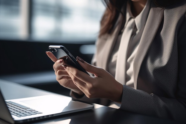 Closeup of a businesswoman's hands holding a smartphone checking her work email or messaging with a blurred office space in the background Generative ai