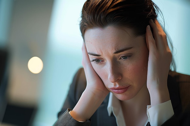 closeup of a businesswoman suffering from a headache in an office