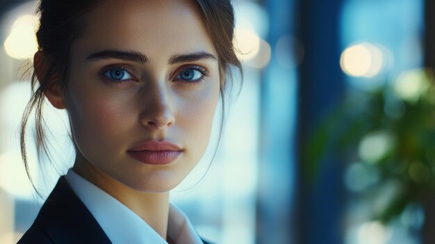 Photo closeup of a businesswoman with sharp features and a professional demeanor in a welllit office setting conveying competence