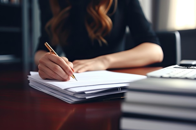 Closeup of Businesswoman Working on Administrative Documents at Table in Broker Office Background