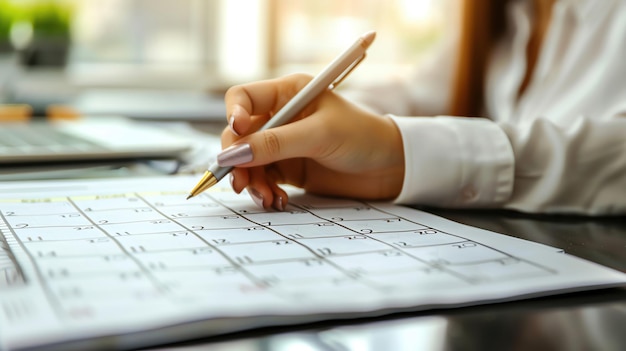 Closeup of a businesswomans hand holding a pen with a blank page for notes and ample copy space more clarity with clear light and sharp focus high detailed