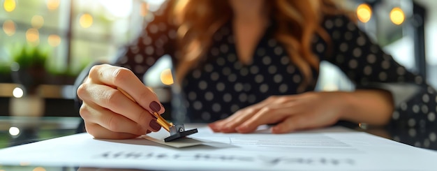 Closeup of a businesswomans hand placing a stamp on a document with ample copy space more clarity with clear light and sharp focus high detailed