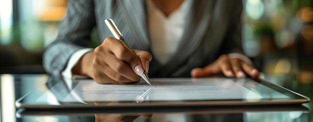 Closeup of a businesswomans hand signing a digital contract on a tablet with ample copy space more clarity with clear light and sharp focus high detailed