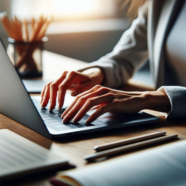 Closeup of a businesswomans hands typing on a laptop while she searches and browses the internet at her desk She is working online and telecommuting