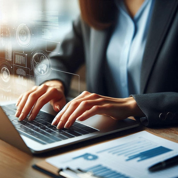 Closeup of a businesswomans hands typing on a laptop while she searches and browses the internet at her desk She is working online and telecommuting