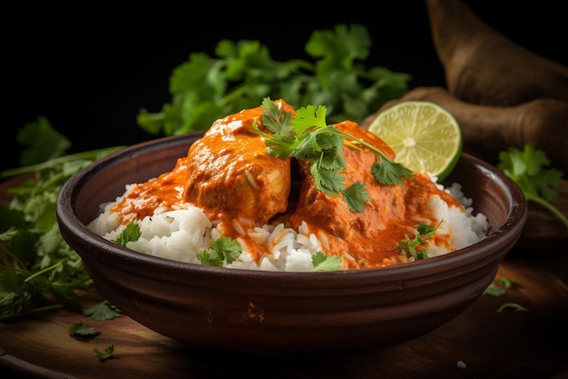 A closeup of butter chicken being garnished with grated paneer