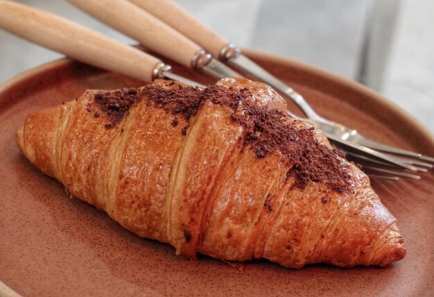 Closeup butter french chocolate croissant