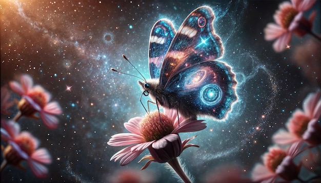 Photo a closeup of a butterfly perched on a flower its wings contain swirling galaxies