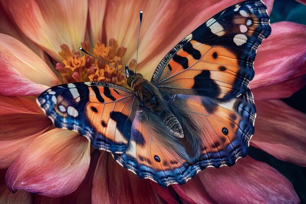 Photo closeup of a butterfly resting on a vibrant flower wings spread delicate and detailed studio lightin