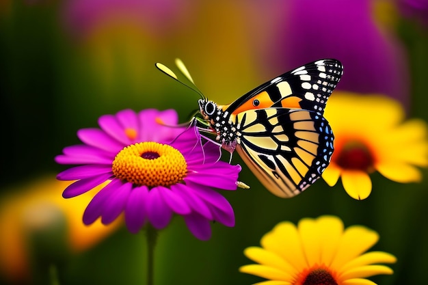 Closeup of a butterfly on spring flowers Wildflower field Colorful daisies Background wallpaper