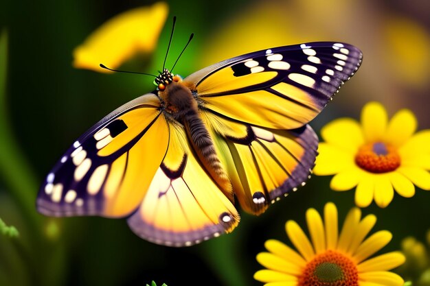 Closeup of a butterfly on spring flowers Wildflower field Colorful yellow and white daisies