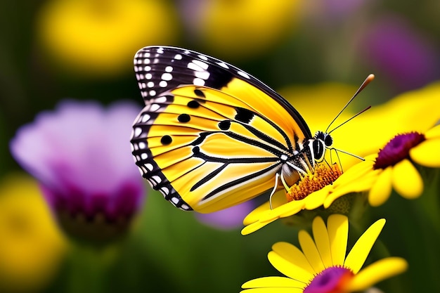 Closeup of a butterfly on spring flowers Wildflower field Colorful yellow and white daisies