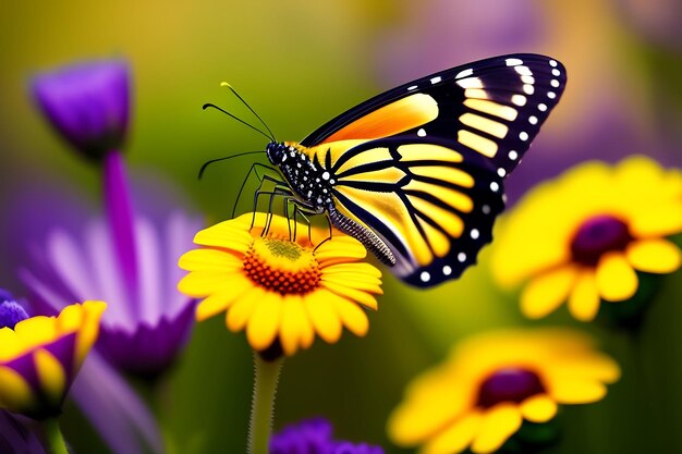 Closeup of a butterfly on spring flowers Wildflower field Colorful yellow and white daisies