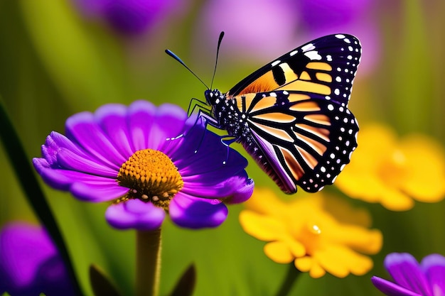 Closeup of a butterfly on spring flowers Wildflower field