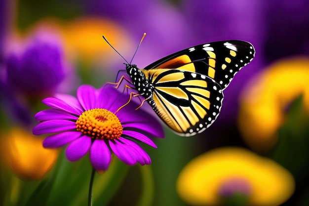 Closeup of a butterfly on spring flowers Wildflower field