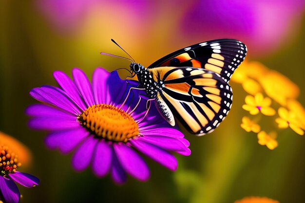 Closeup of a butterfly on spring flowers Wildflower field