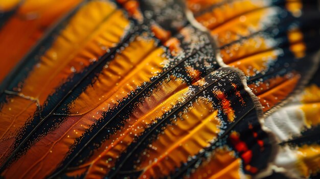 Photo closeup of a butterfly wing showing intricate detail and bright colors