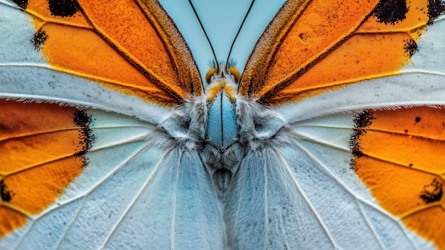 Photo closeup of a butterfly39s wings with orange white and blue patterns