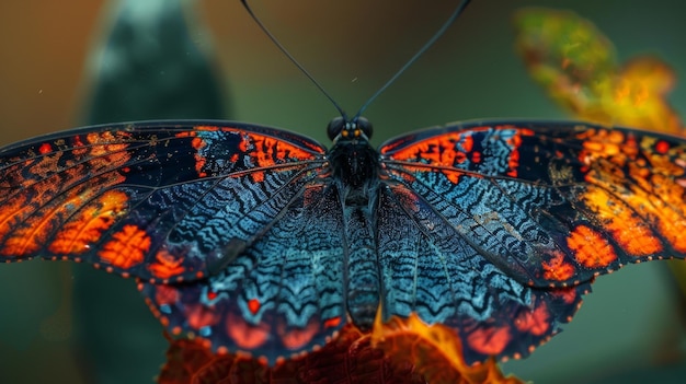 Closeup of a butterflys shimmering wings adorned with stunning patterns and blending in seamlessly