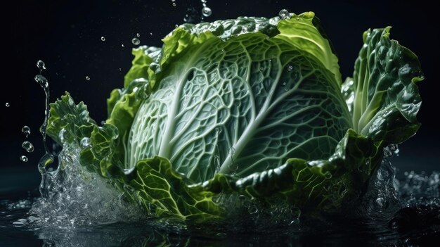 Closeup cabbage hit by splashes of water with black blur background