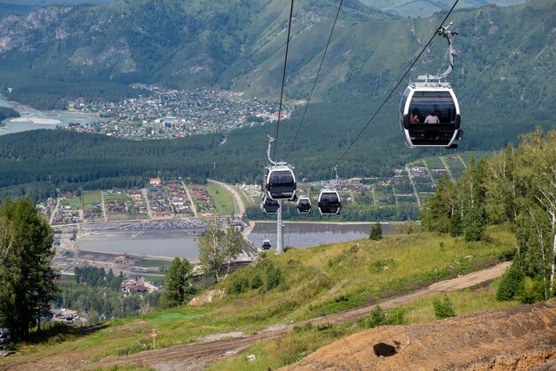 Closeup of a cable car cabin against the sky