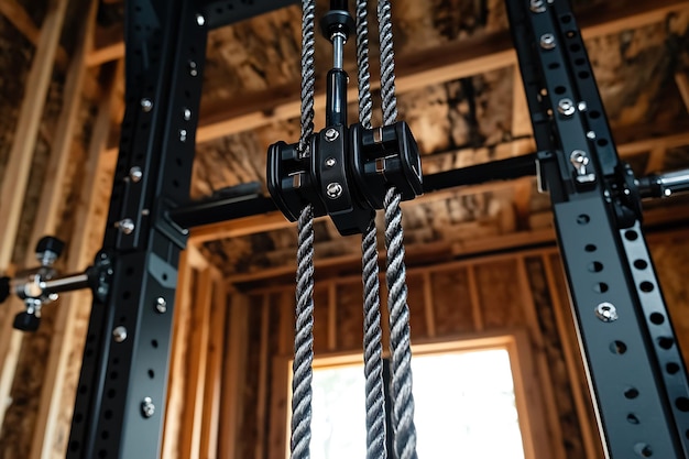 Closeup of a cable machine pulley system in a home gym