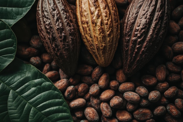 Photo closeup of cacao pods with beans and fresh green leaf showcasing raw ingredients for chocolate